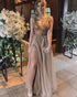Sexy Champagne Tulle Prom Dresses 2019 Deep V-Neck Beaded Bodice Long Prom with Split Side